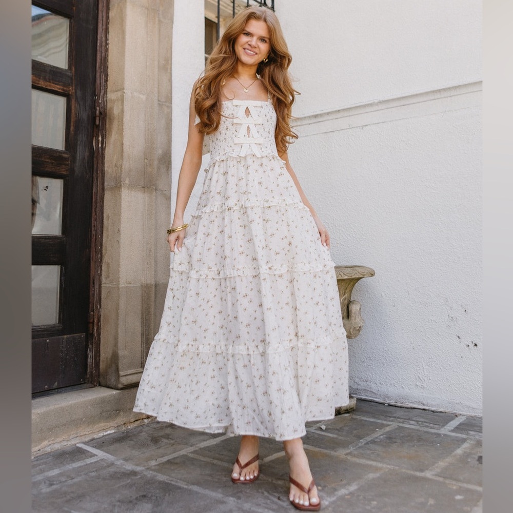 Boutique Cream Floral Smocked Tiered Maxi Dress | Bow Straps | Size Small - Picture 2 of 7